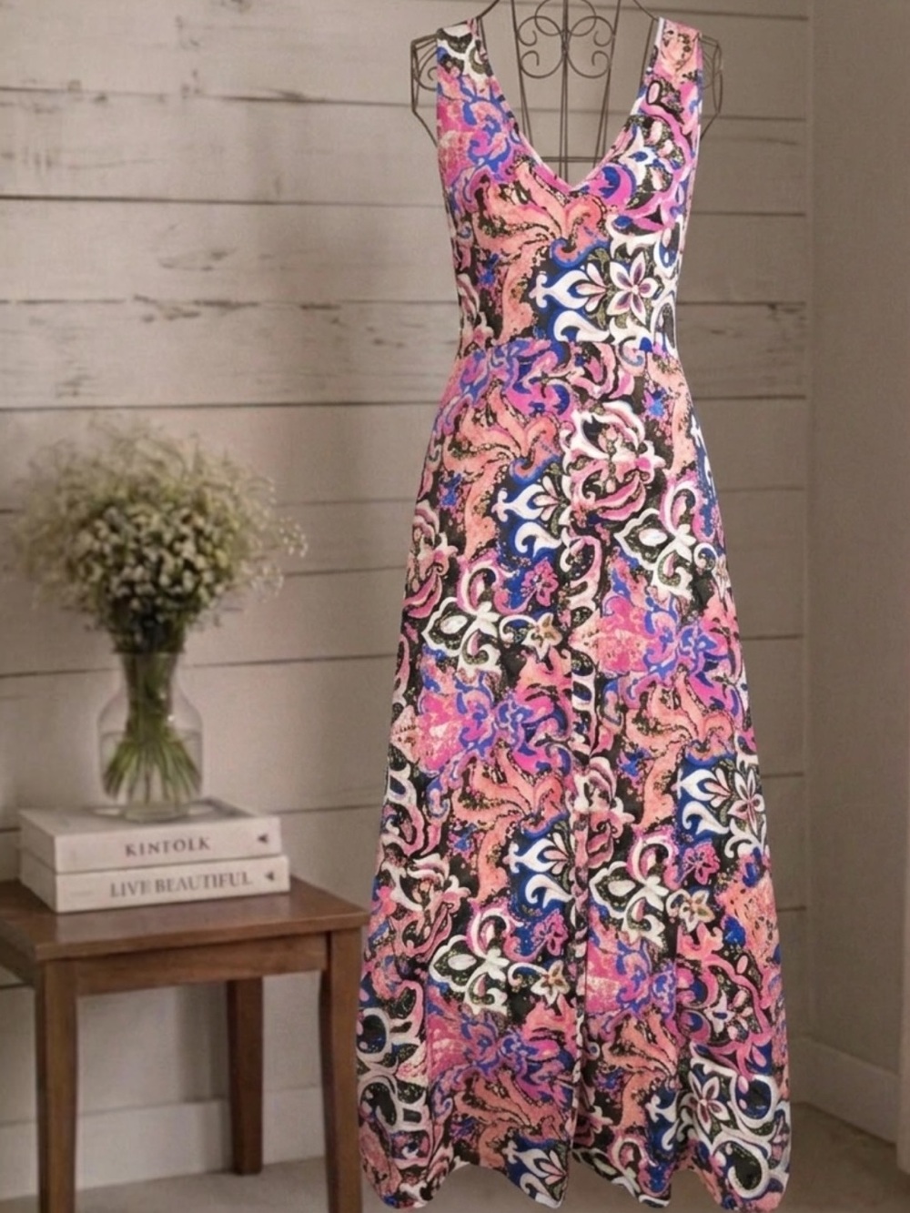 TALBOTS Pink Coral Reef Jersey Knit Paisley Maxi Dress Super Soft Sleeveless MP